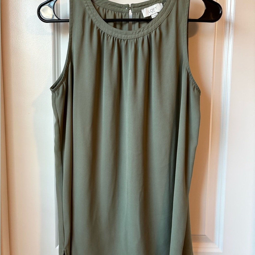 LOFT Olive Green Sleeveless Pleated Neck Blouse